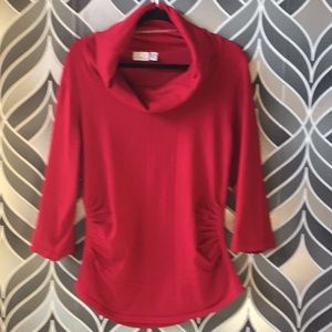 Red sweater with cowlneck and Side ruching